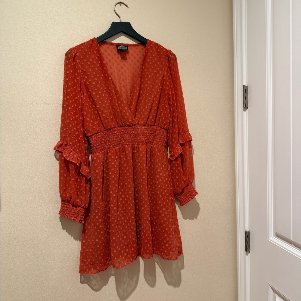 Angie Rust V-Neck Blouse with Smocked Waist